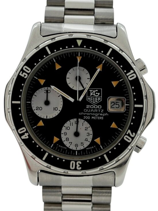 Early Tag Heuer 37mm Men\'s 2000 Series Chronograph Black Dial SS Watch- 273.206!